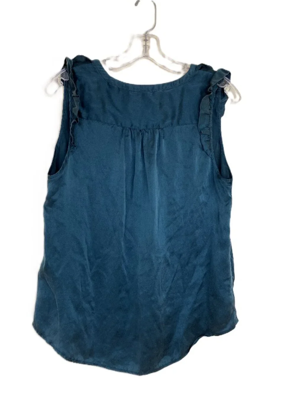 Anthropologie Silk Sleeve Blouse Ruffle Neckline Teal Green Women's Medium - Picture 5 of 9